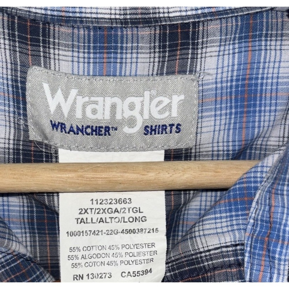 Wrangler Wrancher Mens 2XLT Tall Pearl Snap Western Shirt Plaid Blue Black L/S - Picture 7 of 9